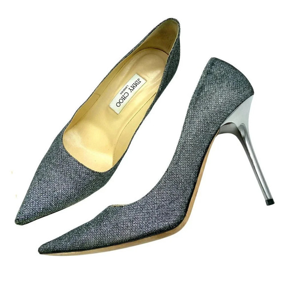 Jimmy Choo Romy 100 Silver Anthracite Stiletto Glitter Heel Pumps, EU 40.5 US 10 - Picture 3 of 11